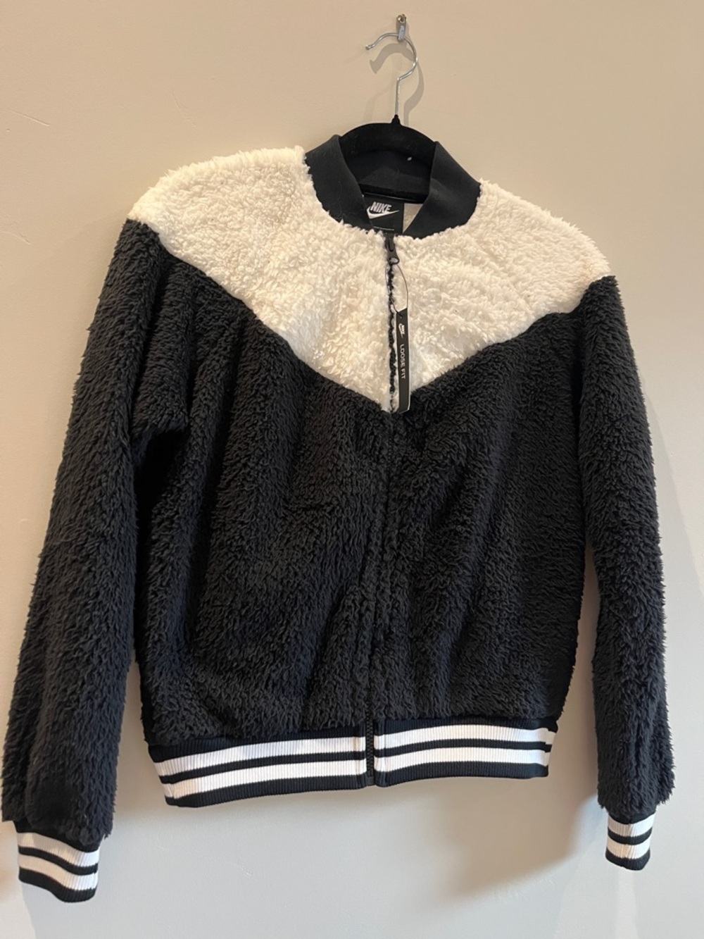Nike Black and White Sherpa Zip-Up Bomber